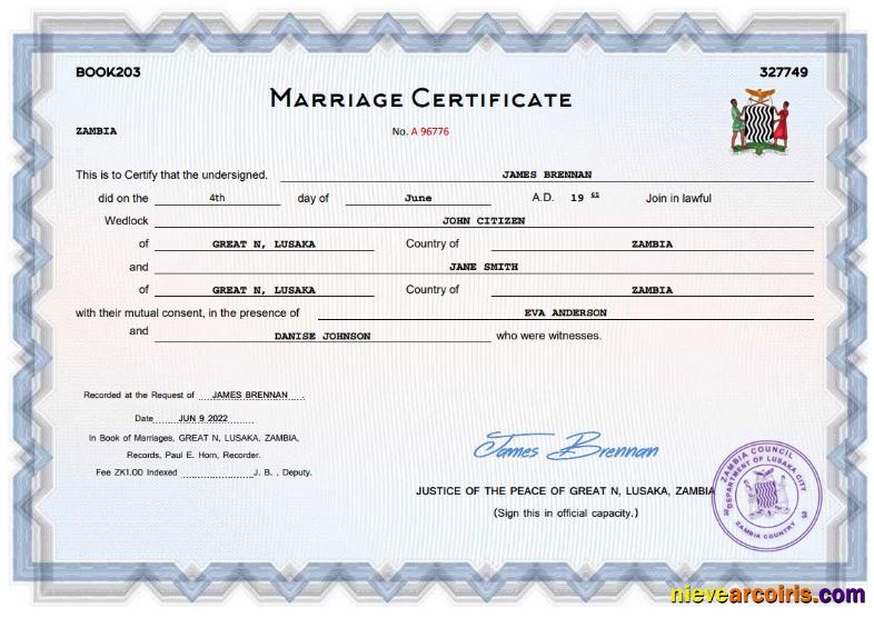 Zambia marriage certificate